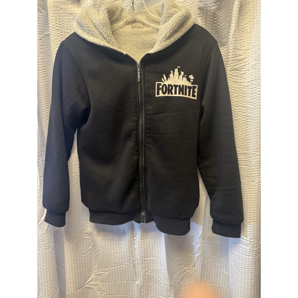 Boys Black Zip Up Fortnite Hoodie Sherpa Lined Graphic‎ M/L Read Measurements